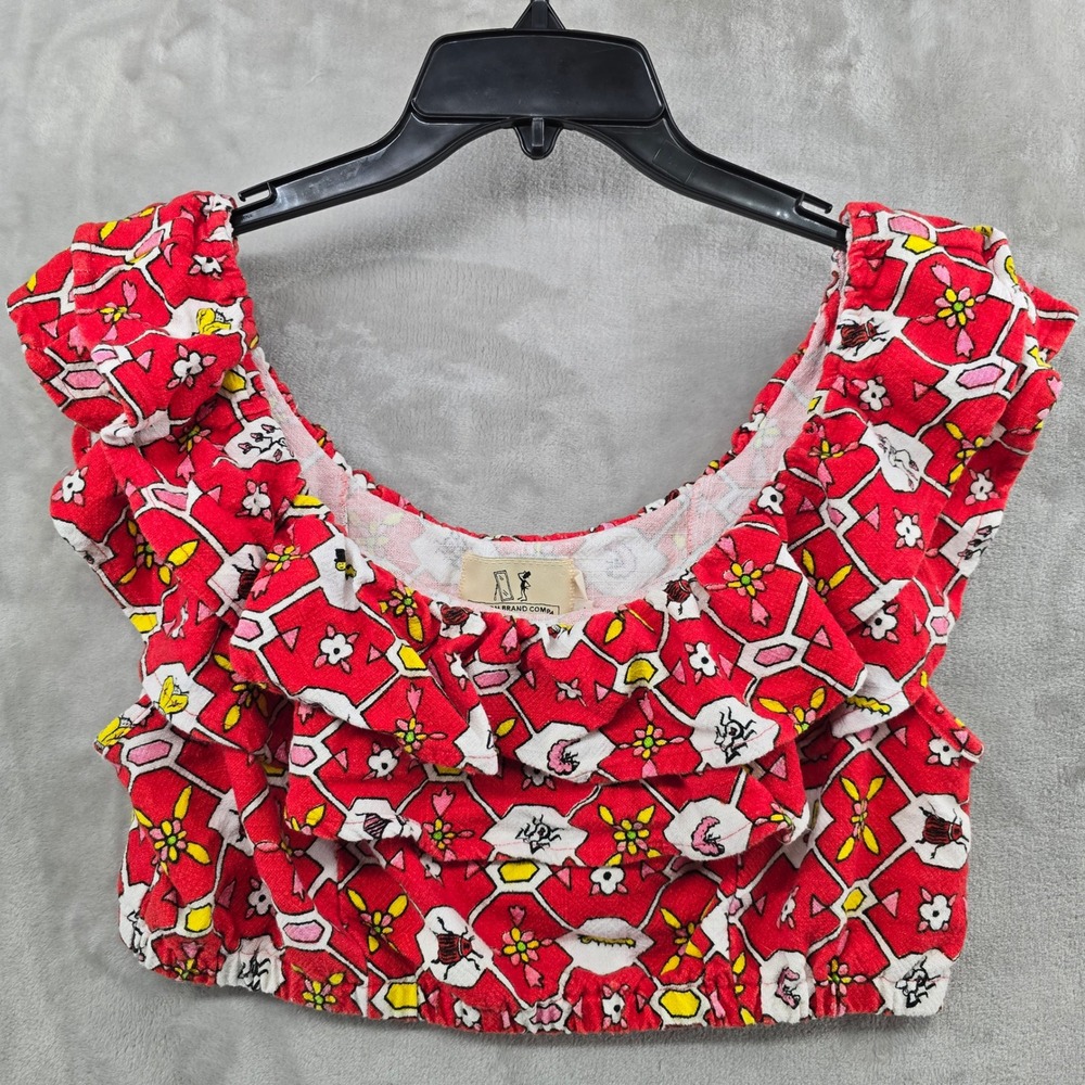 Fashion Brand Company Women L XL Crop Top Red Bug Floral Ruffle Scoop Neck